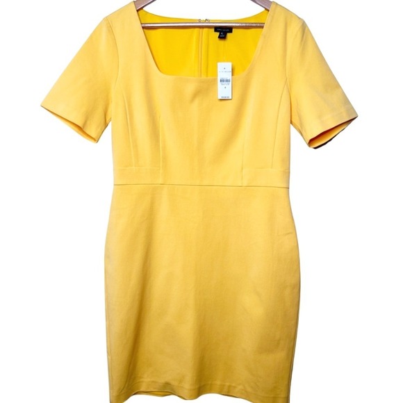Ann Taylor NWT Yellow Square Neck Womens Short Sleeve Sheath Midi Dress Size 8 - Picture 2 of 8